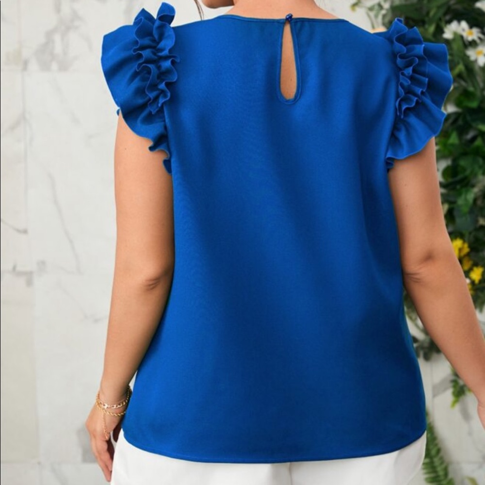 Plus Size Ruffle Cap Sleeve Office Work Top Blouse Blue - Picture 2 of 10